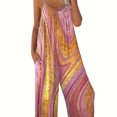 Marble Print Round Neck Wide Leg Cami Jumpsuit