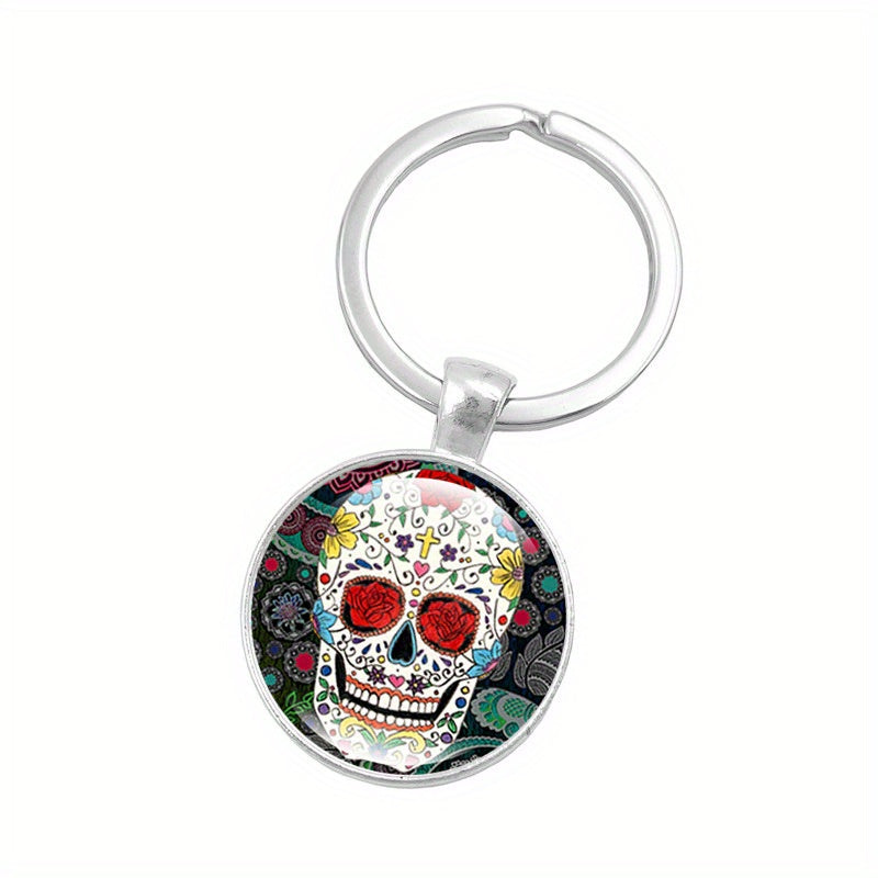 Mexican Sugar Skull Time Gem Keychain Pendant
