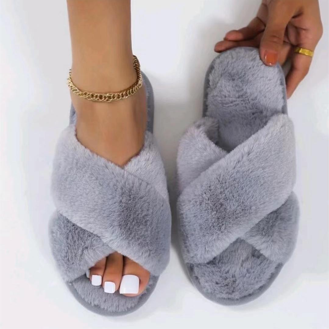 Women's Plush Criss Cross House Slippers Warm Fuzzy Fluffy Open Toe Home Slides