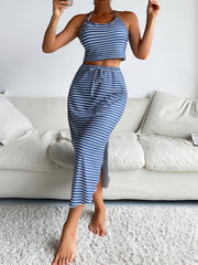 Striped Print Lounge Set Crew Neck Cami Top & Split Skirt Women's Loungewear