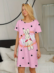 Bunny Print Lounge Dress - Women's Comfy Short Sleeve Home Dress