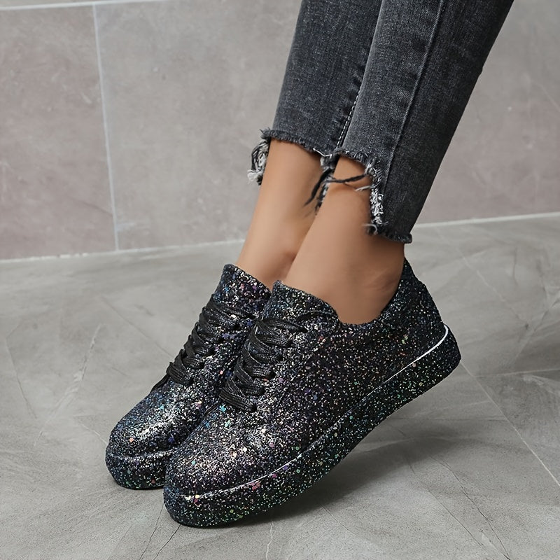 Women's Glitter Skateboard Sneakers Lace Up Comfort Non-slip Sneakers