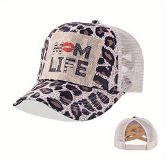 Mom Life Ponytail Baseball Cap Leopard Print Patch Trucker Hat Mesh