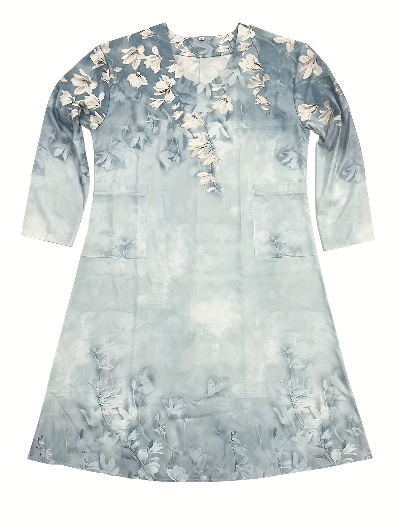 Women's Plus Floral Print Long Sleeve Maxi Dress With Pockets