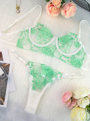 Floral Embroidered Lace Mesh Lingerie Set