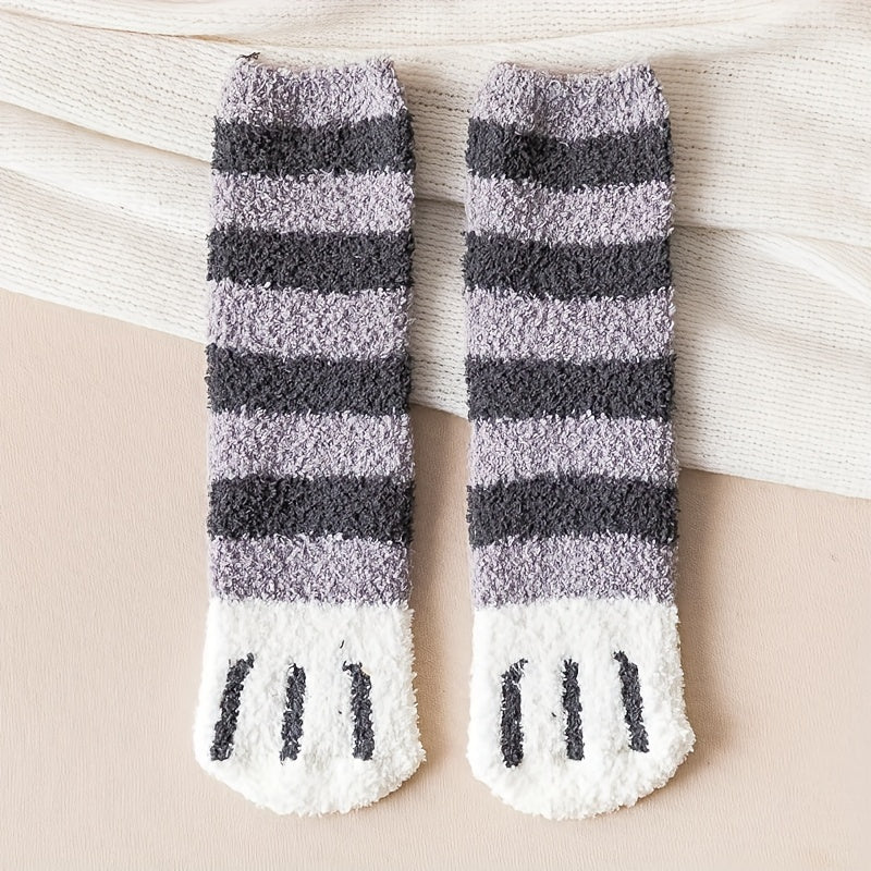 3 Pairs Cat Claw Print Socks Fuzzy & Warm Women's Stockings