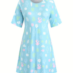  Plant Print Short Sleeve Round Neck Tee Sleep Dress