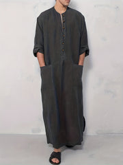 Cotton Muslim Men Long Sleeve Thobe Saudi Arab Kaftan Islamic Dubai Robe