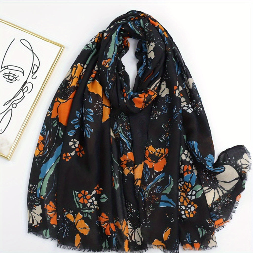 Boho Frayed Edge Flower Print Scarf