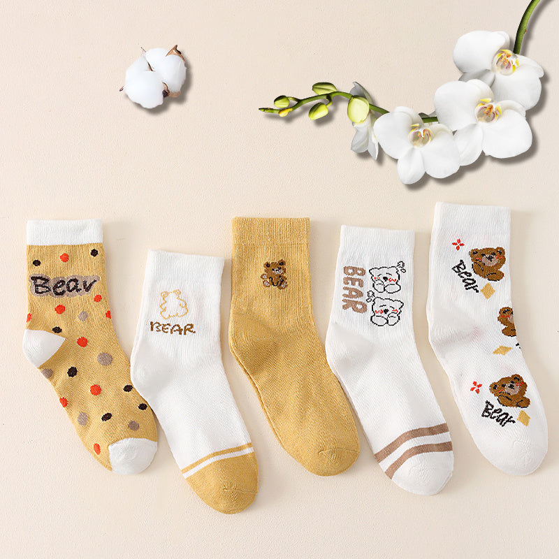 5 Pairs Bear Print Socks, Comfy & Mid Tube, Women's Stockings & Hosiery
