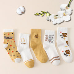 5 Pairs Bear Print Socks, Comfy & Mid Tube, Women's Stockings & Hosiery