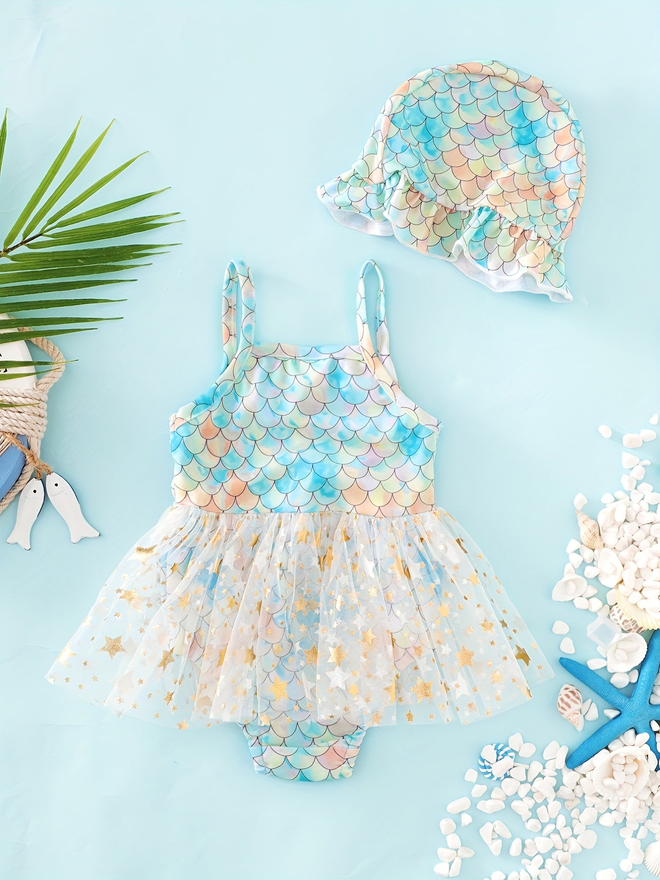 2pcs Toddler Girls Fish Scales Cami Swimsuit & Cap Set