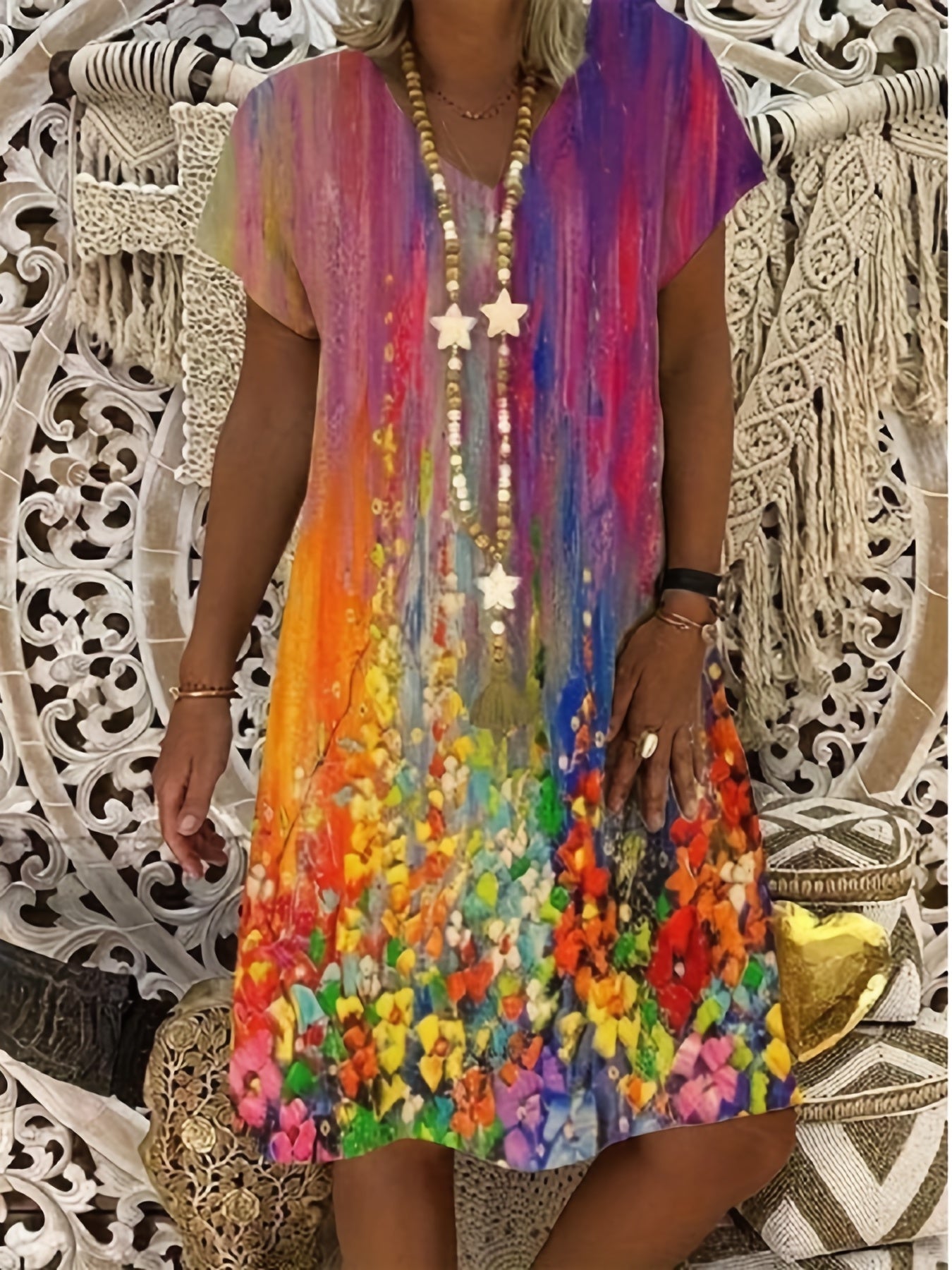  Women's Painting Print V Neck Dress