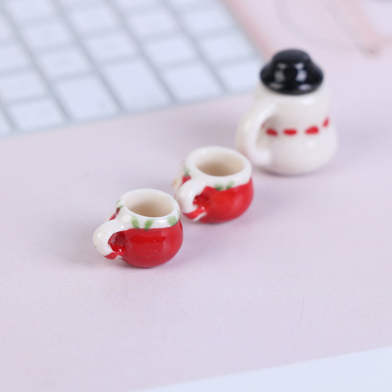 1:12 Scale Ceramics Cups & Pot Set - Red Ceramic Coffee & Tea Cups with Lids