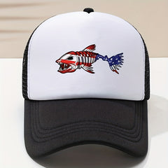 Fish Bone Print Trucker Hat Unisex Hip Hop Breathable Mesh Baseball Cap