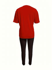 Figure Print Short Sleeve Tops & Solid Long Length Pants Outfit