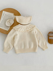 Baby Girls Flower Embroidery Ruffle Collar Knitted Cardigan Coat