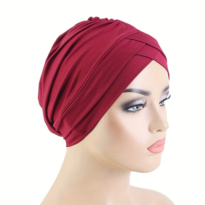Double Cross Ruched Turban Hat Inner Cap Solid Head Wrap Stretchy