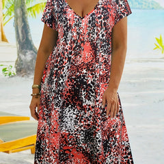  Casual Dress Women's Plus Random Print V Neck Medium Stretch Dress