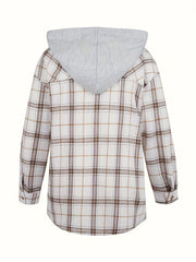  Plaid Print Drawstring Hooded Shirt