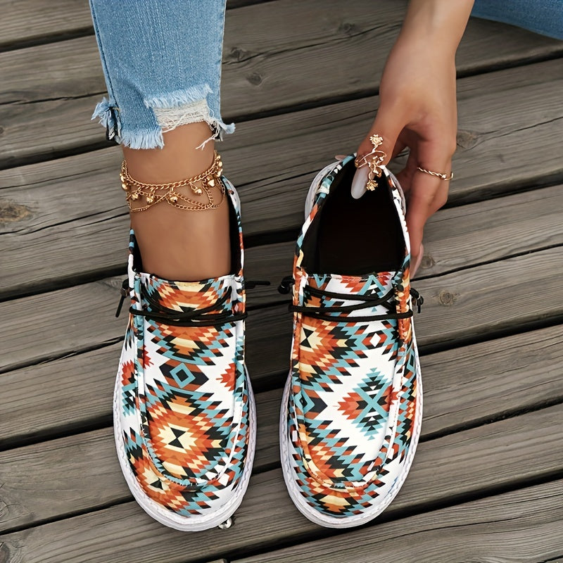 Women's Southwest Pattern Boat Shoes Lightweight Round Toe Lace Up Flat Shoes