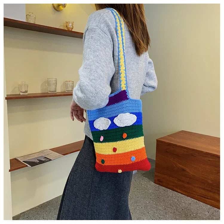Casual Rainbow Colors Woven Shoulder Bags Large Capacity Tote Beach Bag