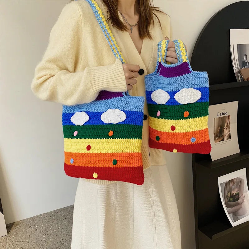 Casual Rainbow Colors Woven Shoulder Bags Large Capacity Tote Beach Bag