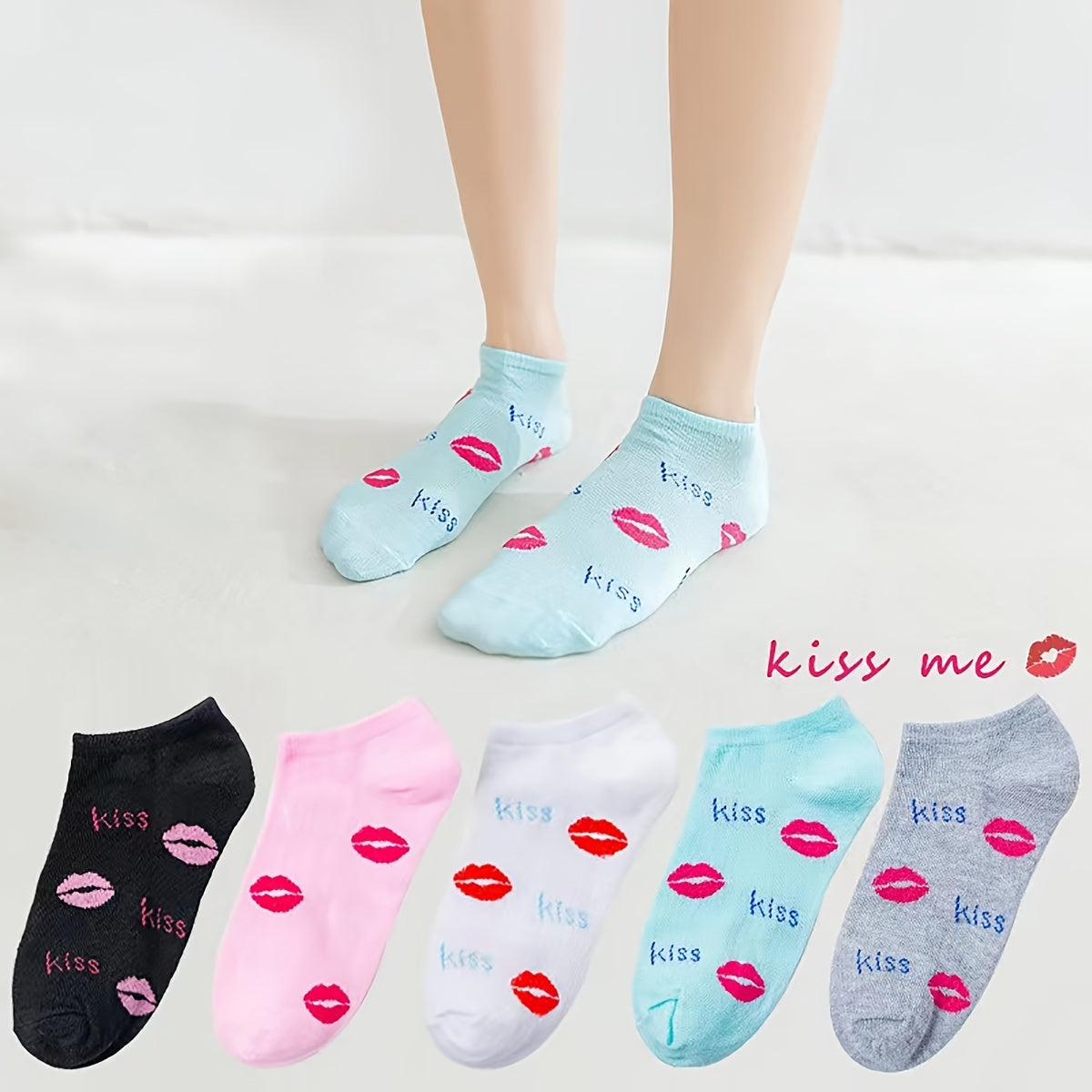 5 Pairs Lips & Letter Print Low Cut Ankle Socks Women's Stockings