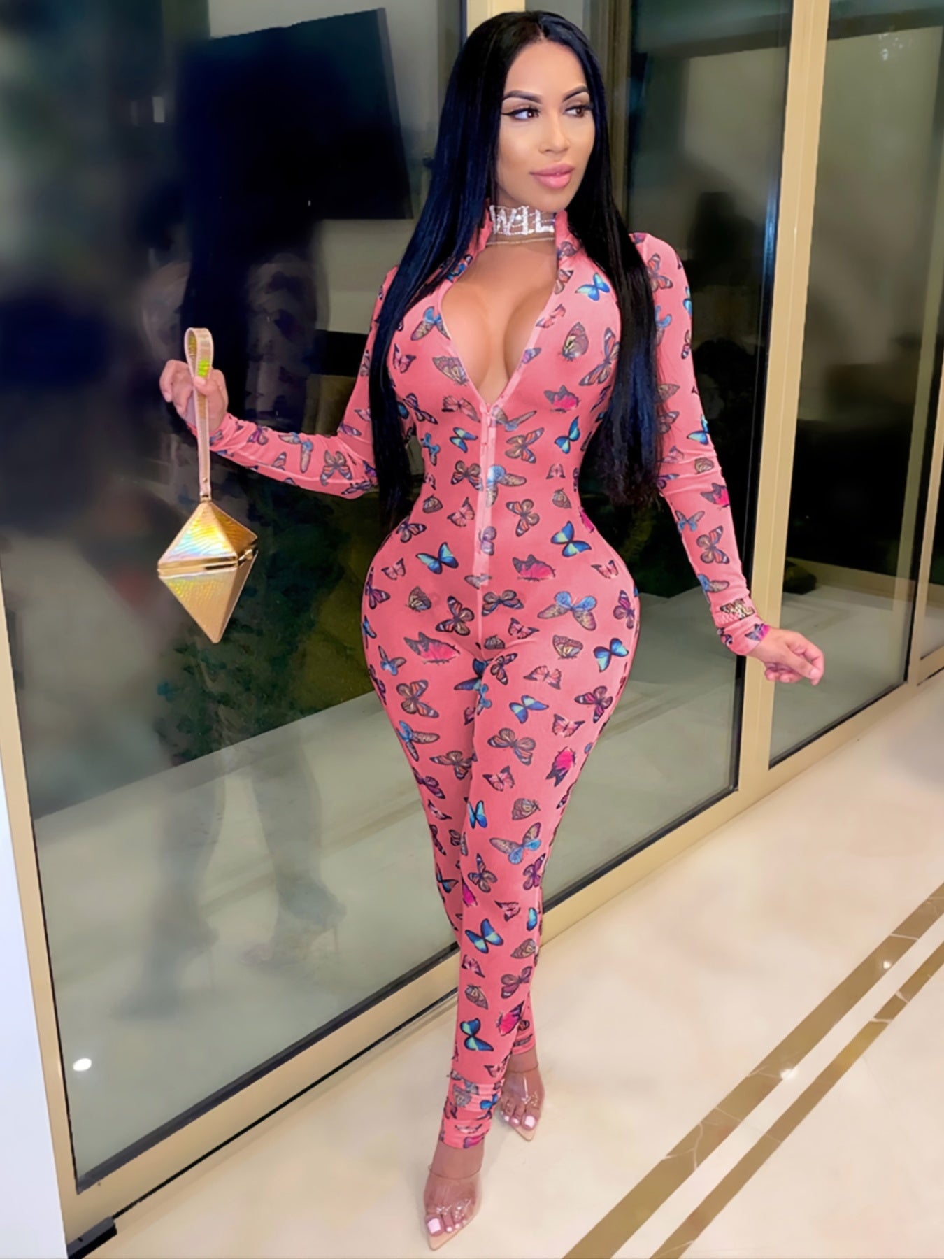 Butterfly Print Zip Up Jumpsuit Long Sleeve Skinny Jumpsuit