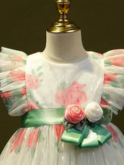 Girls' Romantic Rose Dress Mesh Princess Dress With Flutter Sleeve