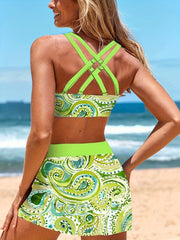  Boho Bikini Set Paisley Print Tie Front Ruched Bra & Lace Up Skirt