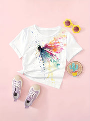 Girls Tie Dye Dragonfly Print Short Sleeve T shirt Comfy Tees Pullover