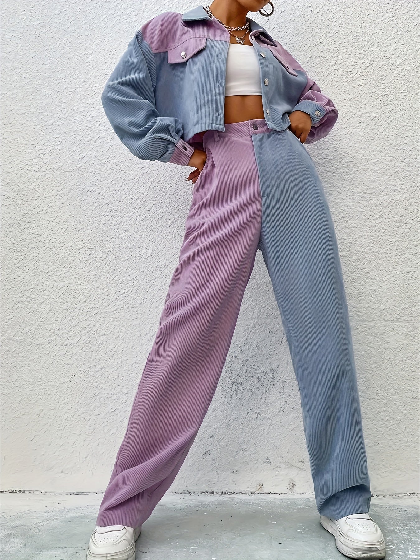  Colorblock Corduroy Shacket & Wide Leg Pants Set