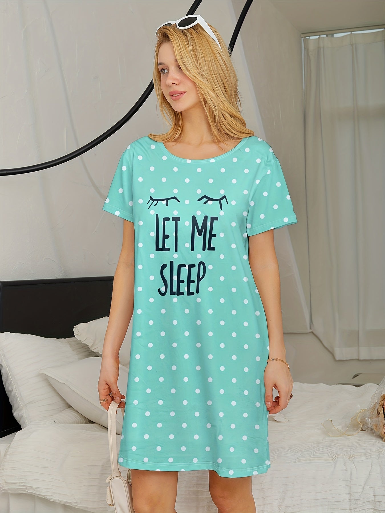 Polka Dot NightDress Short Sleeve Crew Neck Pajama Dress