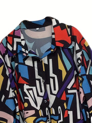  Colorblock Geometric Print Button Up Blouse