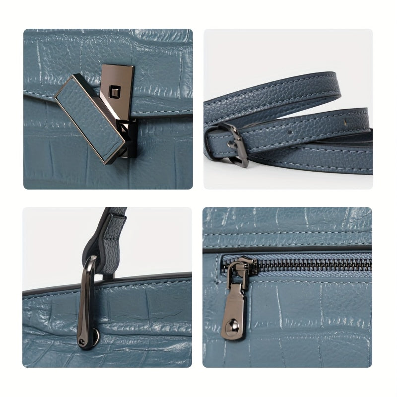 Crocodile Embossed Leather Handbag: Convertible Shoulder & Handbag
