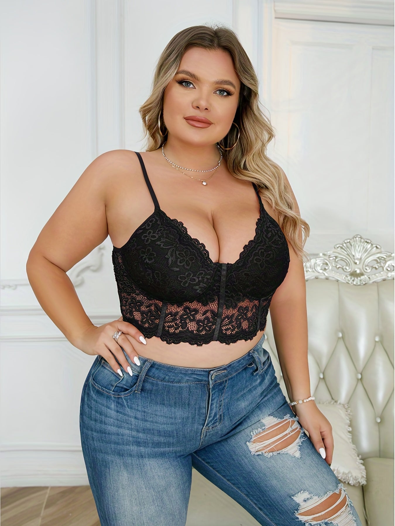  Floral Embroidery Lace Longline High Stretch Bra
