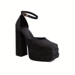 Women's Solid Block Heels Buckle Strap Platform Pumps Dress Heels