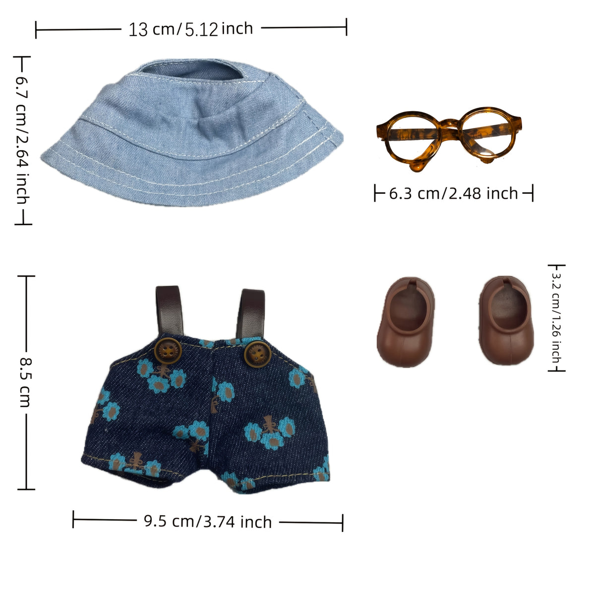 LABUBU Fisherman Hat Denim Overalls Leopard Print Glasses Brown Shoe