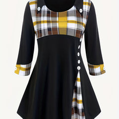  Colorblock Plaid Long Sleeve A Line Dress