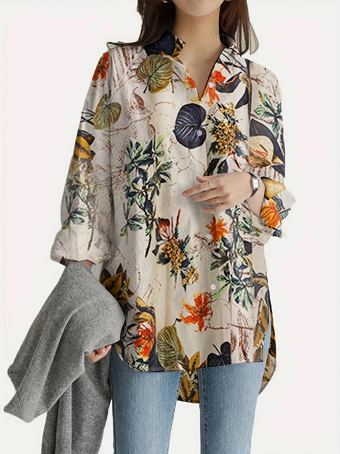  Leaf Print Button Up Blouse