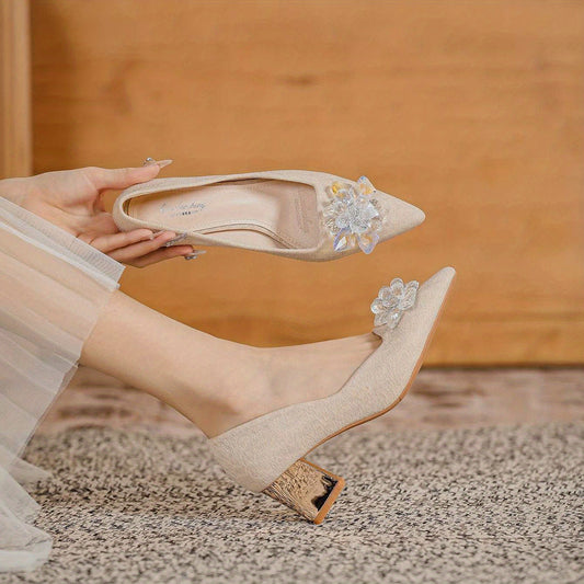 Women's Pointed Toe Chunky Heels Floral Rhinestone Slip On Wedding Heels