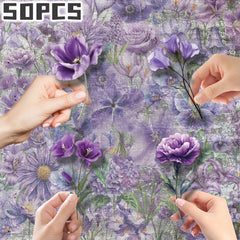 50pcs Purple Floral Stickers Transparent Shapes Self Adhesive Deca