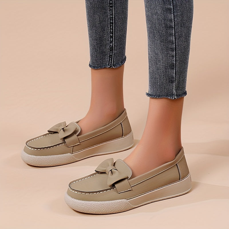 Women's Bowknot Flat Loafers Round Toe Faux Leather Slip On Flats