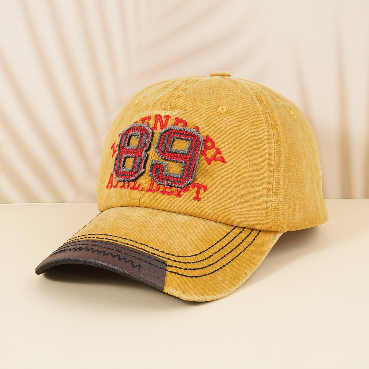 Distressed Baseball Cap with Leather Patch Embroidery