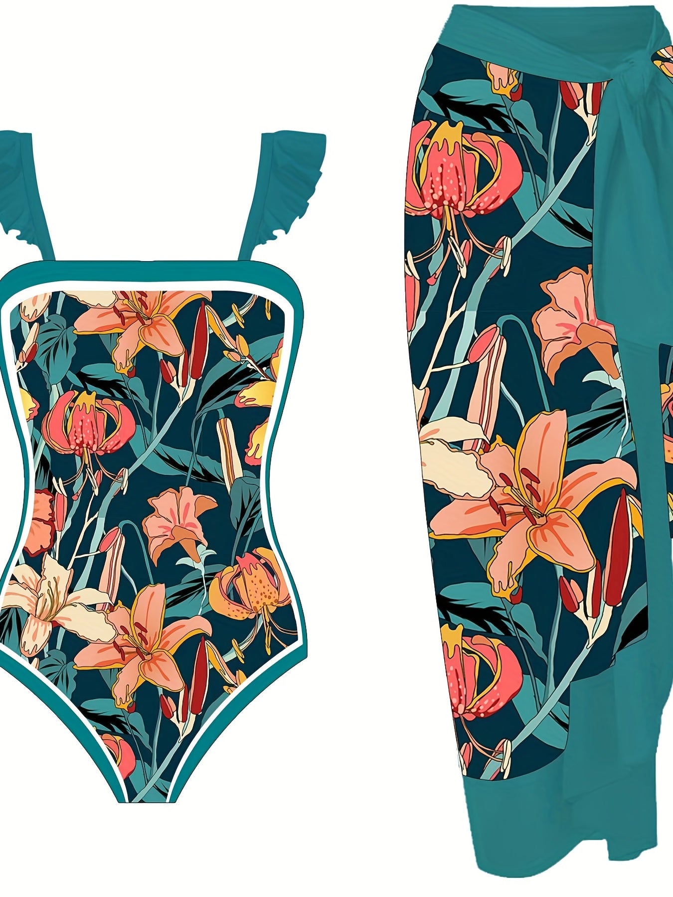  Boho Tankini Set Women's Plus Floral Print Ruffle Trim Swimsuit