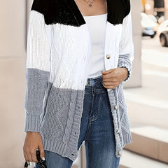 Block Knit Cardigan Button Front Casual Long Sleeve Sweater