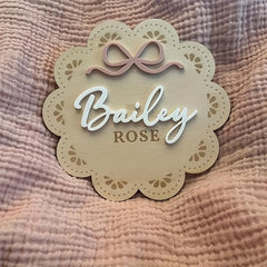 Customizable Birth Announcement Plaque Turmeric Wood with Bow