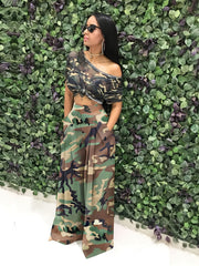 Camouflage Print Wide Leg Pants