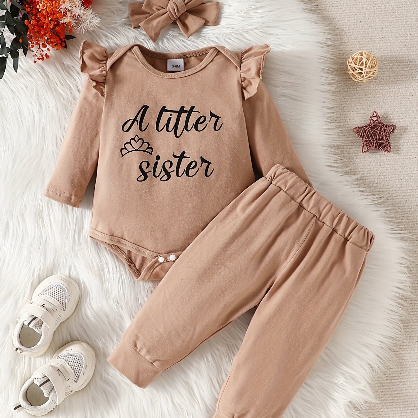 3pc Baby Girl Set: Letter Print Jumpsuit Pants Headband